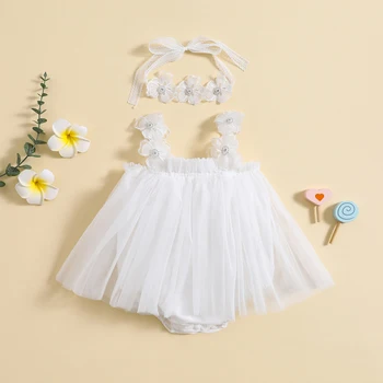 0-24 м, тюлевое платье-ползунки для маленьких девочек, боди с цветочными бретельками, боди без рукавов с повязкой на голову, летняя одежда для малышей