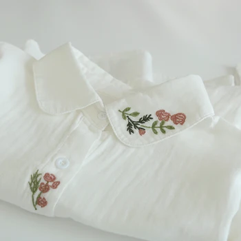 2023 Весна Осень, Хлопчатобумажная рубашка с цветочной вышивкой Mori Girl в японском стиле с отложным воротником, женская рубашка