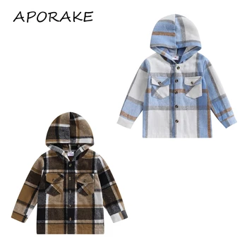 2023 Детская клетчатая куртка для мальчиков от 3 до 7 лет, верхняя одежда с капюшоном и пуговицами, осенняя одежда с карманами, повседневные пальто
