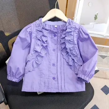 2023 Модные фиолетовые кружевные рубашки для маленьких девочек, блузки, элегантные весенне-осенние топы для девочек, детская одежда принцессы на День рождения