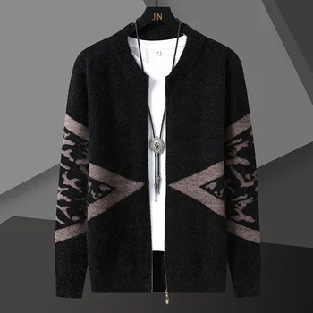 2023 Модный Вязаный полосатый кардиган, куртка, Мужское шерстяное пальто в корейском стиле больших размеров, осенний Дизайнерский контрастный кардиган, Мужское длинное пальто