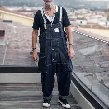 2023 Новый мужской модный комбинезон в стиле хип-хоп, нагрудник, брюки для инструментов, Джинсовый комбинезон плотника, Полная длина, Повседневные свободные джинсовые брюки синего цвета