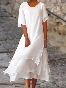 2023 Повседневное Длинное белое платье Макси, женское модное Двухслойное Летнее платье с разрезом и круглым вырезом с коротким рукавом, туники