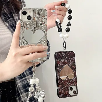 3D Зеркало в виде сердца с гальваническим покрытием Серебристый чехол для телефона с морщинами для iPhone 14 13 12 11 Pro Max Роскошные складки Мягкая обложка Браслет-бант