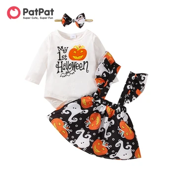 PatPat На Хэллоуин, 3 шт., комбинезон с рисунком для маленьких девочек и юбка на подтяжках с оборками в виде тыквы и призрака, комплект с повязкой на голову