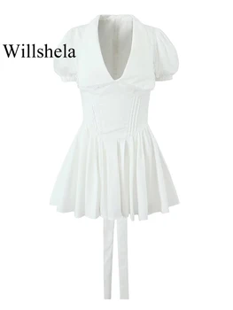 Willshela Женское модное мини-платье с бантом, Белое плиссированное мини-платье на молнии сзади, Винтажное платье с V-образным вырезом и короткими пышными рукавами, Шикарные женские платья