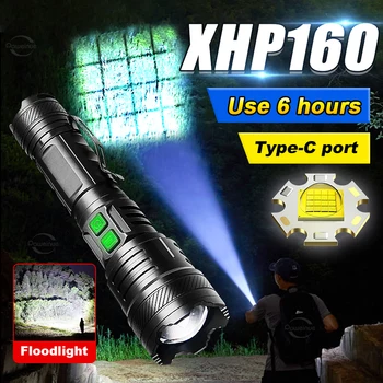 XHP160 СВЕТОДИОДНЫЙ Фонарик для Кемпинга на открытом Воздухе, 5 Режимов, Водонепроницаемый Фонарь, Сильный Свет, Type-C USB, Перезаряжаемый для Походов, Ручной Фонарь