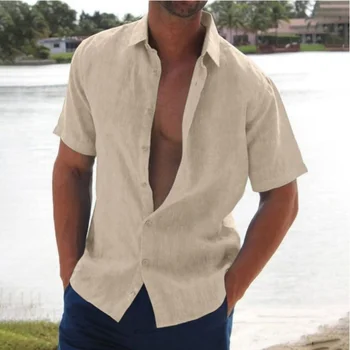 XXXL Летняя однотонная рубашка для мужчин, хлопковая мужская одежда с короткими рукавами, однобортная Шикарная Классическая одежда, Повседневная семицветная одежда цвета Хаки