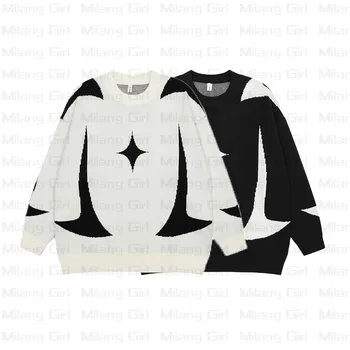 Y2K Stars Printing Панк-трикотаж, Винтажный Зимний мужской свитер оверсайз Harajuku 2000-х, джемпер Унисекс, Эстетичная одежда для девочек