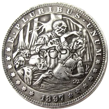 Американский бродяга 1897 года Морган Доллар череп зомби скелет посеребренные копировальные монеты