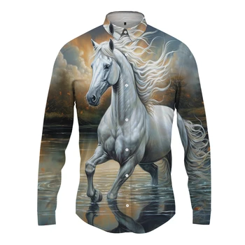 Весенне-осенняя мужская рубашка с длинными рукавами, рубашка с 3D-принтом Mercedes-Benz Horse, удобная универсальная рубашка, крутая рубашка