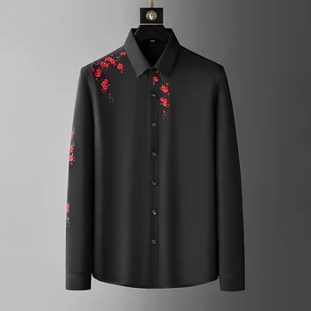 Высококачественная мужская рубашка с длинными рукавами и вышивкой сливового цвета для весны и осени 2023 года, новый повседневный топ большого размера