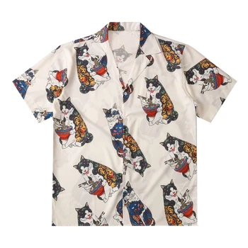 Гавайские пляжные рубашки Harajuku, японская футболка с татуировкой кота, уличная мода, хип-хоп, тропические топы с коротким рукавом