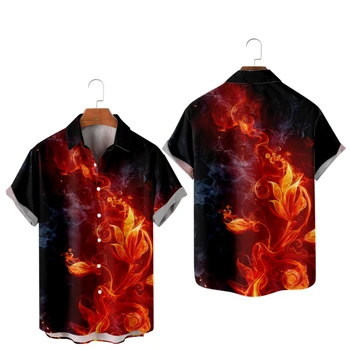Гавайские рубашки для мужчин, крутые рубашки с коротким рукавом с принтом огненного цветка, летние топы для пляжного отдыха на Гавайях, Дышащие