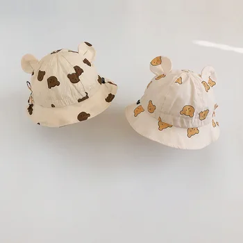 Детская Рыбацкая шляпа из хлопка с милыми ушками и принтом Медведя, Летняя Солнцезащитная Шапочка для детского бассейна