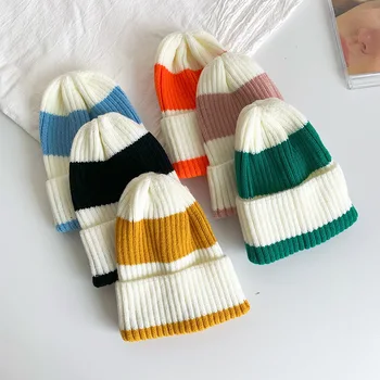 Детская шерстяная шапочка в цветную полоску, осенняя вязаная шапка разных цветов для мальчиков и девочек, зимний теплый пуловер, шапочка