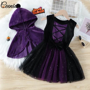 Детские костюмы Ceeniu для девочек на Хэллоуин, плюшевый плащ ведьмы и черное праздничное платье принцессы для малышей, костюм на Хэллоуин