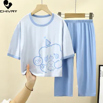 Детские летние тонкие дышащие пижамы, новые футболки с рукавами три четверти для мальчиков и девочек со штанами, комплекты одежды для сна для малышей