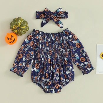 Детские наряды для девочек на Хэллоуин С открытыми плечами, комбинезон с цветочным принтом Тыквы + повязка на голову, повседневная одежда для малышей