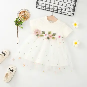 Детское платье с милой сетчатой вышивкой, детское платье принцессы с коротким рукавом, праздничное платье, подходящее для детей 0-2 лет
