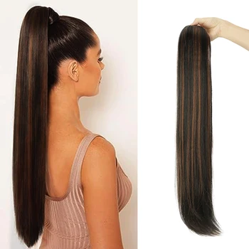 Длинный прямой хвост на завязках Омбре Коричневый Натуральный Прямой хвост для женщин Синтетический конский хвост на заколке для наращивания волос