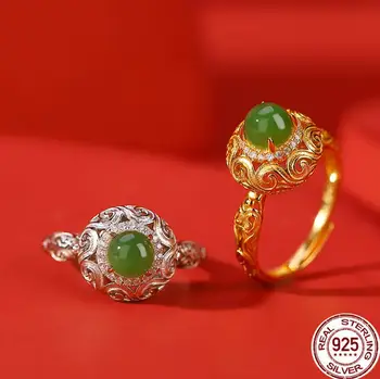 Женское кольцо из натуральной яшмы, стерлингового серебра 925 пробы, позолоченное, Винтажное роскошное кольцо с нефритом Ruyi, выдалбливающее благоприятное облако
