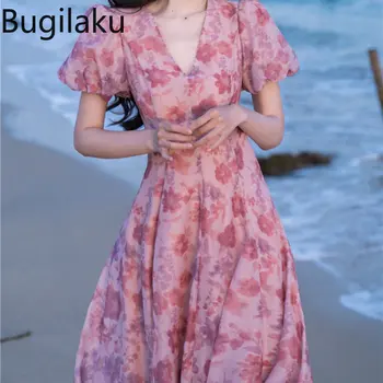 Женское праздничное платье в пляжном стиле с цветочным принтом, V-образный вырез, короткий рукав, Нежные платья, Тонкая талия, Элегантный халат А-силуэта, женский