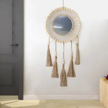 Зеркало из хлопчатобумажной нити, Изысканное зеркало ручной работы с кисточками, Декоративное настенное украшение с деревянными бусинами, дизайн выреза, крыльцо для комнаты
