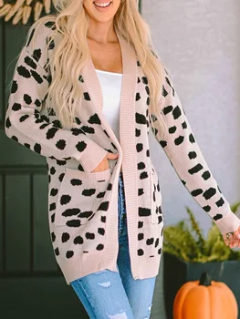 Зимний женский повседневный стиль с длинным рукавом из полиэстера, новинка 2023 года, модный кардиган с леопардовым рисунком, рубашка с карманами из ниток