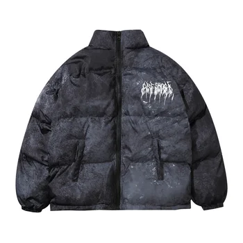 Зимняя пуховая куртка для мужчин, негабаритная уличная одежда в стиле хип-хоп с графическим рисунком, окрашенная в винтажный цвет, верхняя одежда, зимние толстые теплые пальто в стиле панк