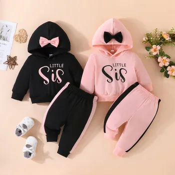 Комплект из 2 предметов, толстовка с бантом для новорожденных девочек, осенняя одежда с капюшоном для девочек, комплект спортивного костюма для младенцев, Весенний костюм от 0 до 3 лет
