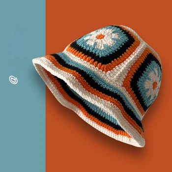 Корейская шапка рыбака с цветочным узором Ins, Женская осенне-зимняя вязаная шерстяная шапка, вязаная шапка-тазик в Японском стиле, панама-ведро