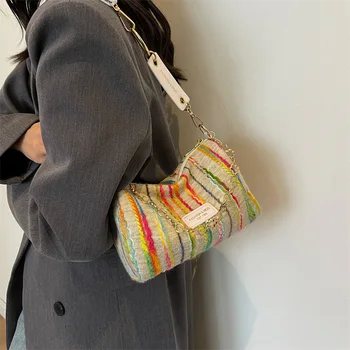 Кошельки, сумки, Летняя новинка, разноцветная полоса, яркая Корейская версия, Универсальные вязаные сумки с металлическими украшениями для женщин