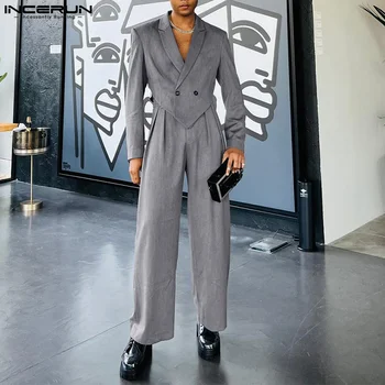 Красивые Мужские комплекты в Американском стиле, Пиджаки с длинными рукавами, Длинные Брюки, Модные Мужские Двухцветные комплекты из двух предметов S-5XL INCERUN 2023