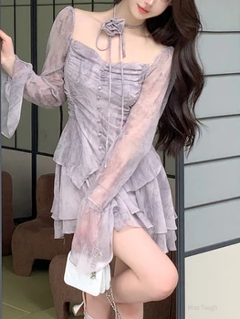 Летнее платье Феи с цветочным принтом, женское элегантное вечернее мини-платье в корейском стиле, женское винтажное дизайнерское платье с оборками 2023