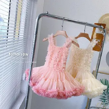 Летние розовые платья без рукавов для девочек, милое детское платье с воротником 