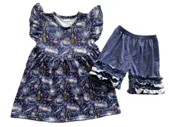 Летний бутик для девочек, темно-синий комплект одежды RTS для маленьких девочек, развевающиеся рукава, туника и шорты, милая детская одежда Оптом