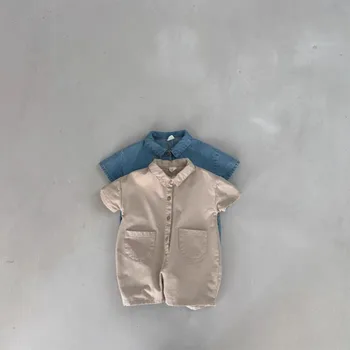 Летний Кардиган для новорожденных мальчиков и девочек в стиле ретро с карманами, повседневный джинсовый комбинезон для новорожденных Solis, Простой комбинезон с коротким рукавом, Детская хлопковая одежка