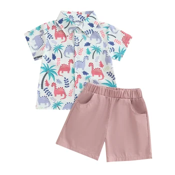 Летняя одежда для маленьких мальчиков 1-5 лет, рубашки с отложным воротником с принтом динозавра, Топы и шорты, Комплекты детской одежды из 2 предметов