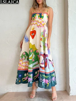 Макси-платья с открытой спиной, Большие качели, Летние женщины 2023, праздничная элегантная свободная одежда с принтом на бретельках, пляжное женское платье в стиле бохо