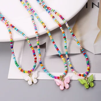 Милые разноцветные рисовые бусины, ожерелье с подвеской-бабочкой для женщин, колье из бисера в стиле бохо, Корейское украшение-шарм
