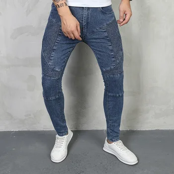 Модные роскошные уличные мужские джинсы, эластичность и морщины, джинсовые брюки в корейском стиле для модных мужчин, байкерские мотоциклетные джинсы