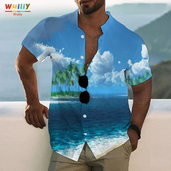 Мужская блузка с изображением синего моря, воротник футболки с принтом на пуговицах, повседневный пляжный Гавайский топ с коротким рукавом