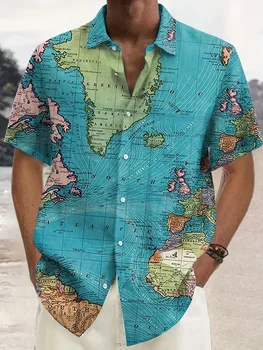 Мужская повседневная рубашка с принтом Земли 2023 года с коротким рукавом и четырехсторонним эластичным рисунком для отдыха
