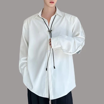 Мужская повседневная рубашка с лацканами, блузка на пуговицах с длинным рукавом, уличная одежда, Свободная Металлическая молния, Корейские стильные универсальные майки
