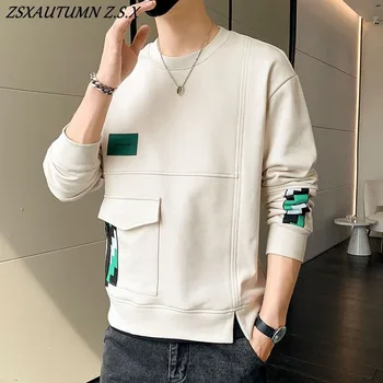 Мужская футболка с длинным рукавом, новинка 2023 года, толстовка, весенне-осенний корейский модный пуловер в стиле пэчворк, свободный топ большого размера, толстовка с капюшоном