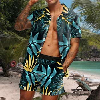 Мужские Гавайские комплекты С Леопардовым принтом, рубашка с коротким рукавом и пуговицами, Пляжные шорты, Праздничный Мужской костюм-двойка, кардиган, Высокое качество, Лето