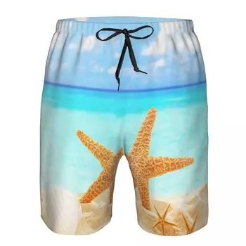 Мужские пляжные короткие быстросохнущие плавки, морские звезды и ракушки на песчаном пляже, купальники, шорты для купания
