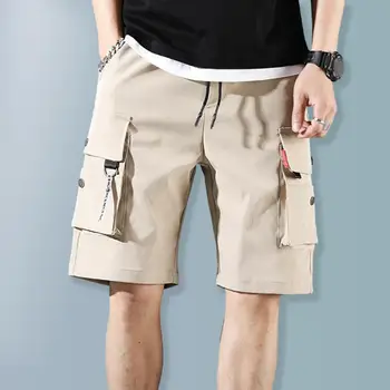 Мужские шорты Летние Шорты с эластичным поясом и завязками, однотонные прямые широкие спортивные шорты-карго средней посадки, уличная одежда