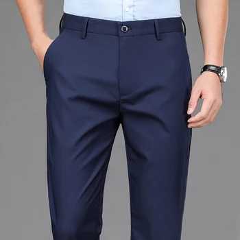 Мужские элегантные повседневные брюки, эластичные спортивные мужские быстросохнущие брюки, весна-осень, прямые офисные черные темно-синие рабочие брюки полной длины
